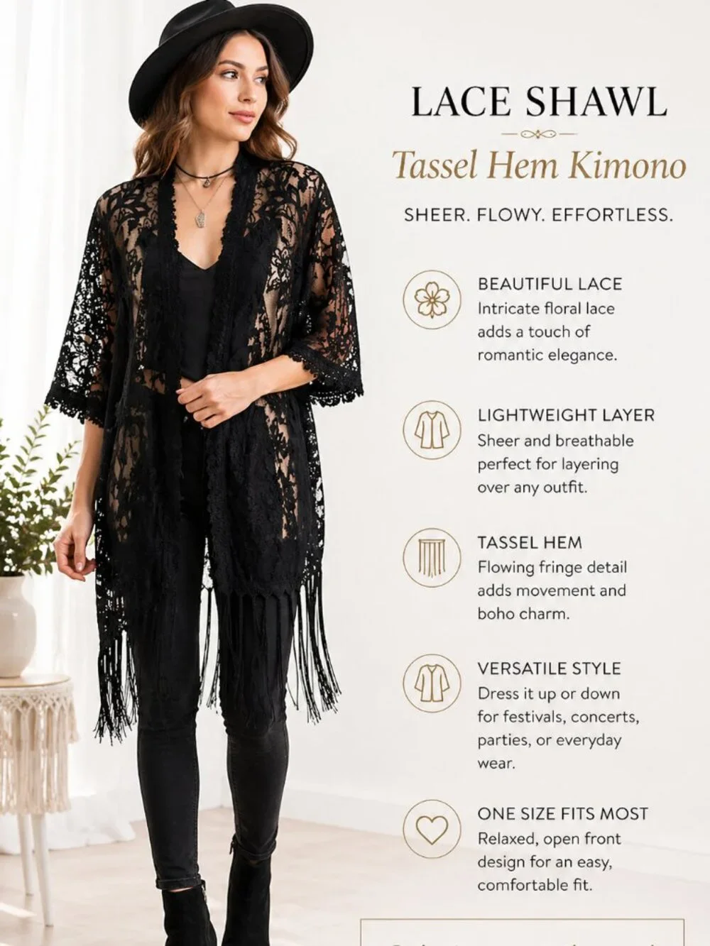 Womens Black Lace Kimono Fringe Shawl Sheer Boho Whimsigoth Layering One Size